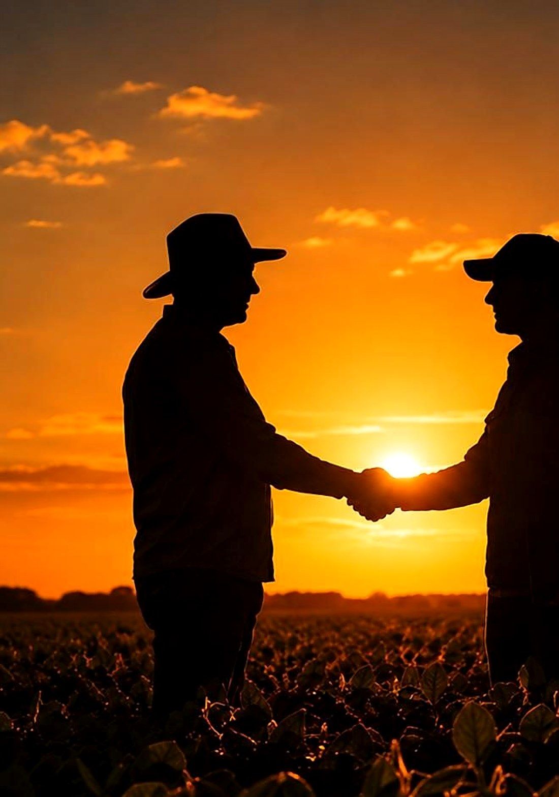Aperto de mãos entre produtor e consultor da NuCampo em campo ao pôr do sol