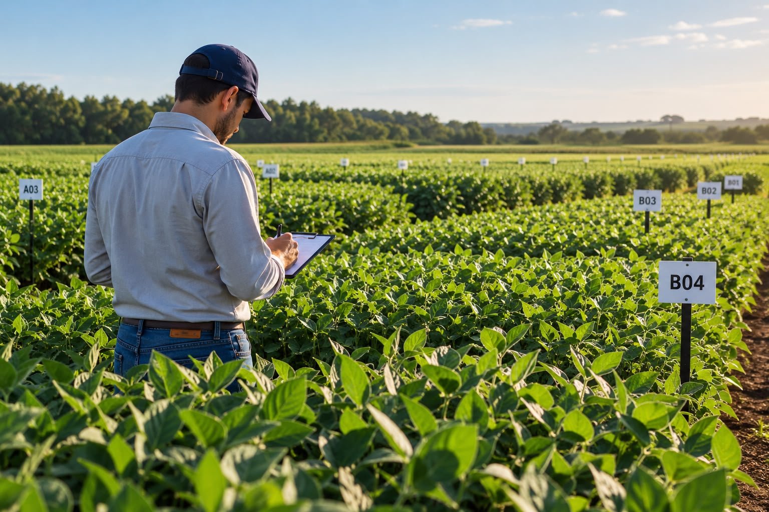 Agrônomo avaliando parcelas experimentais de pesquisa, anotando dados em prancheta
